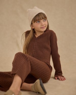 Long Sleeve Knit Button Top || Brown