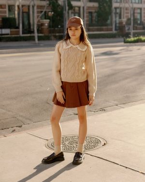 Pleated Denim Skirt || Washed Brown