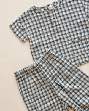 Woven Henley Tee || Navy Check