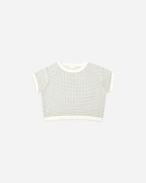 Boxy Crop Knit Tee || Dusty Blue Stripe