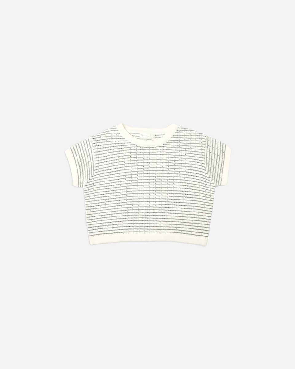 Boxy Crop Knit Tee || Dusty Blue Stripe