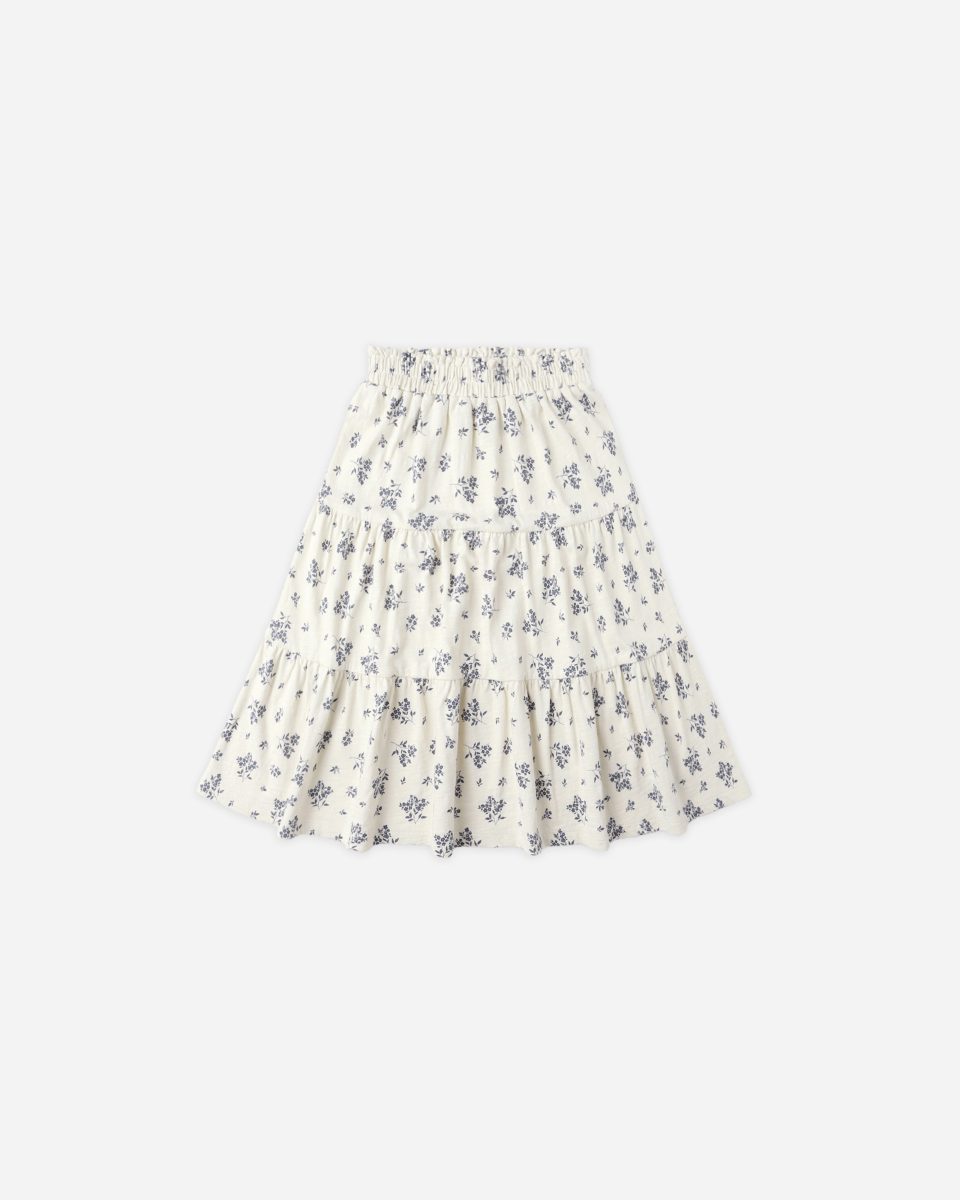 Ruffle Tiered Midi Skirt || Blue Floral