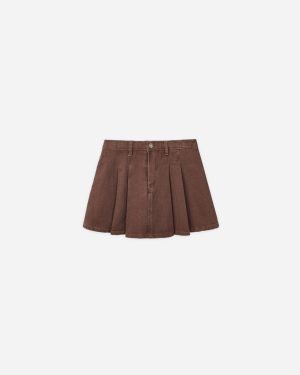 Pleated Denim Skirt || Washed Brown
