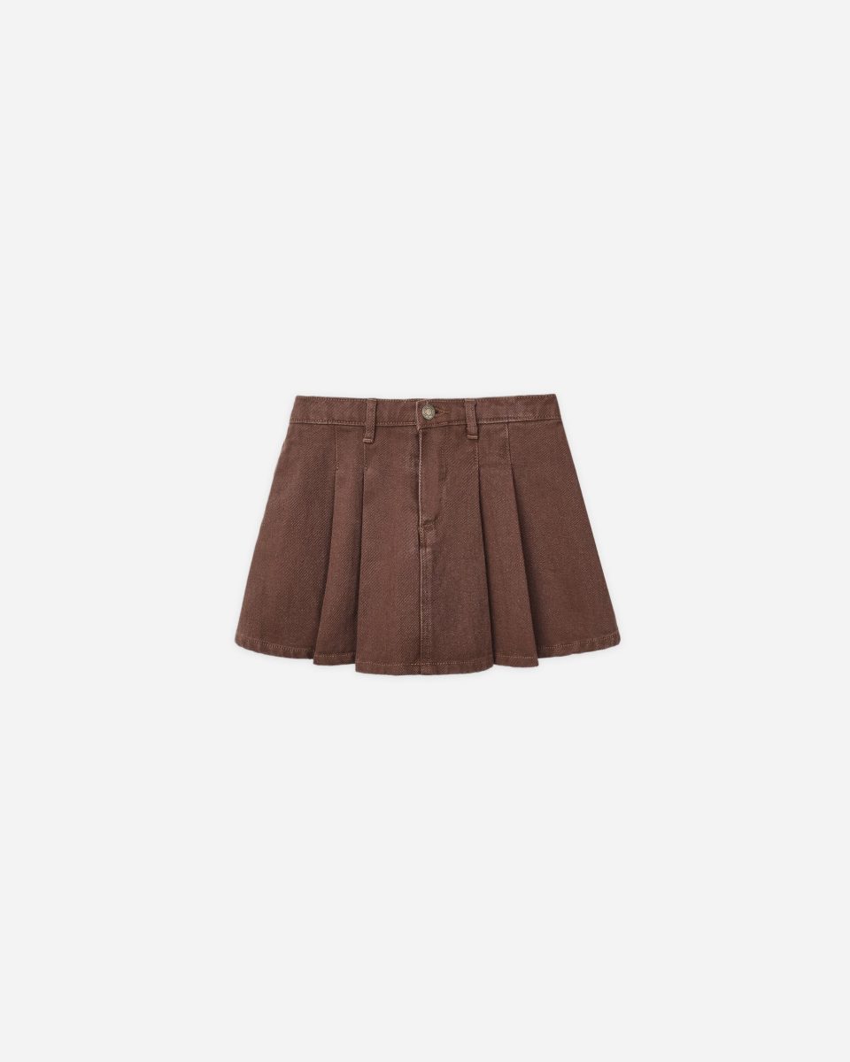Pleated Denim Skirt || Washed Brown