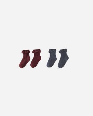 Lace Trim Socks. 2-pack || Burgundy. Navy