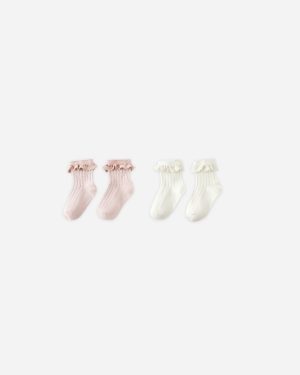 Lace Trim Socks. 2-pack || Blush. Ivory