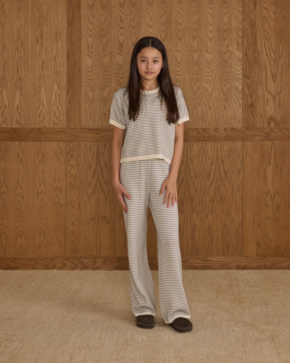 Boxy Crop Knit Tee || Dusty Blue Stripe