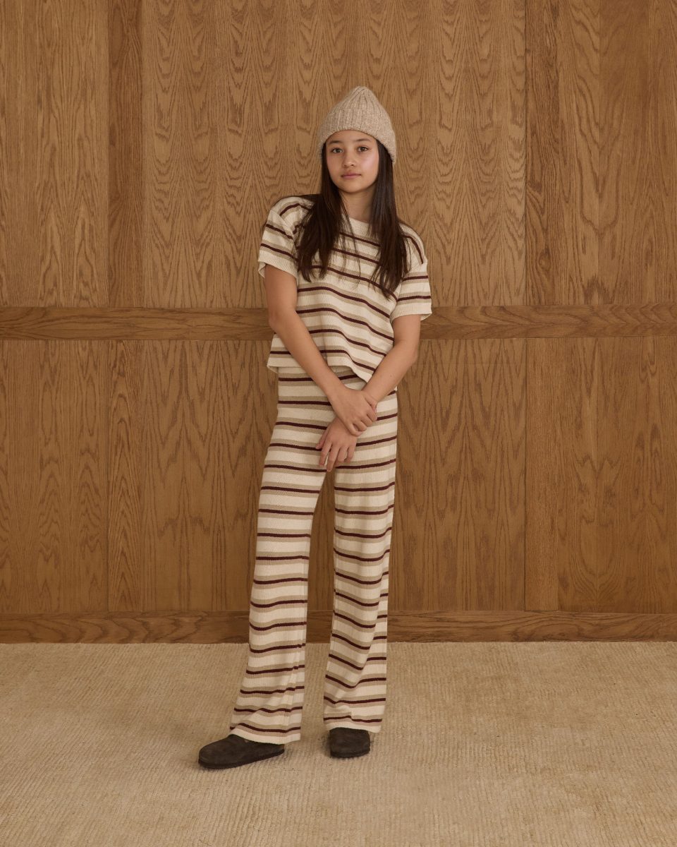 Boxy Crop Knit Tee || Burgundy Stripe