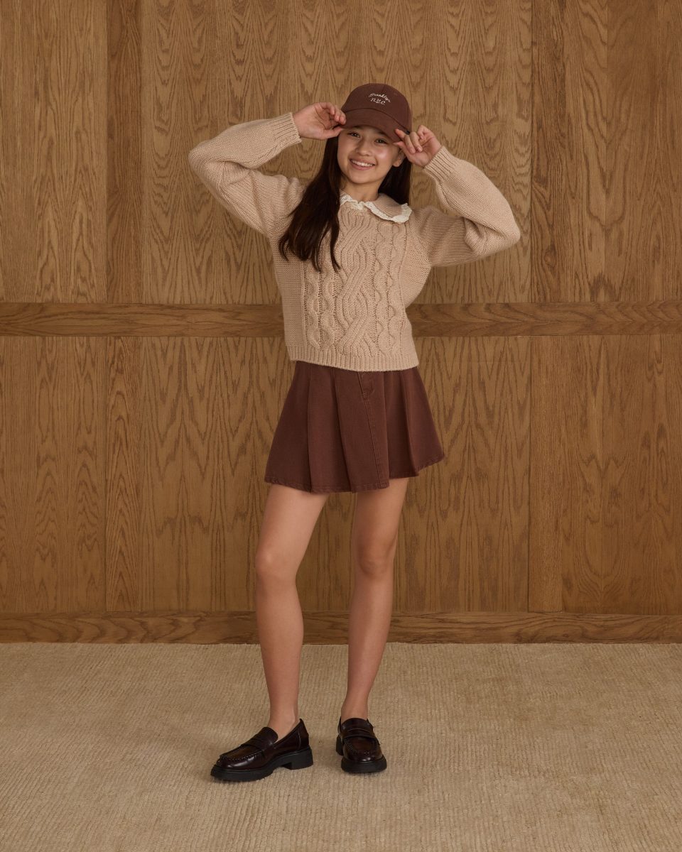 Pleated Denim Skirt || Washed Brown