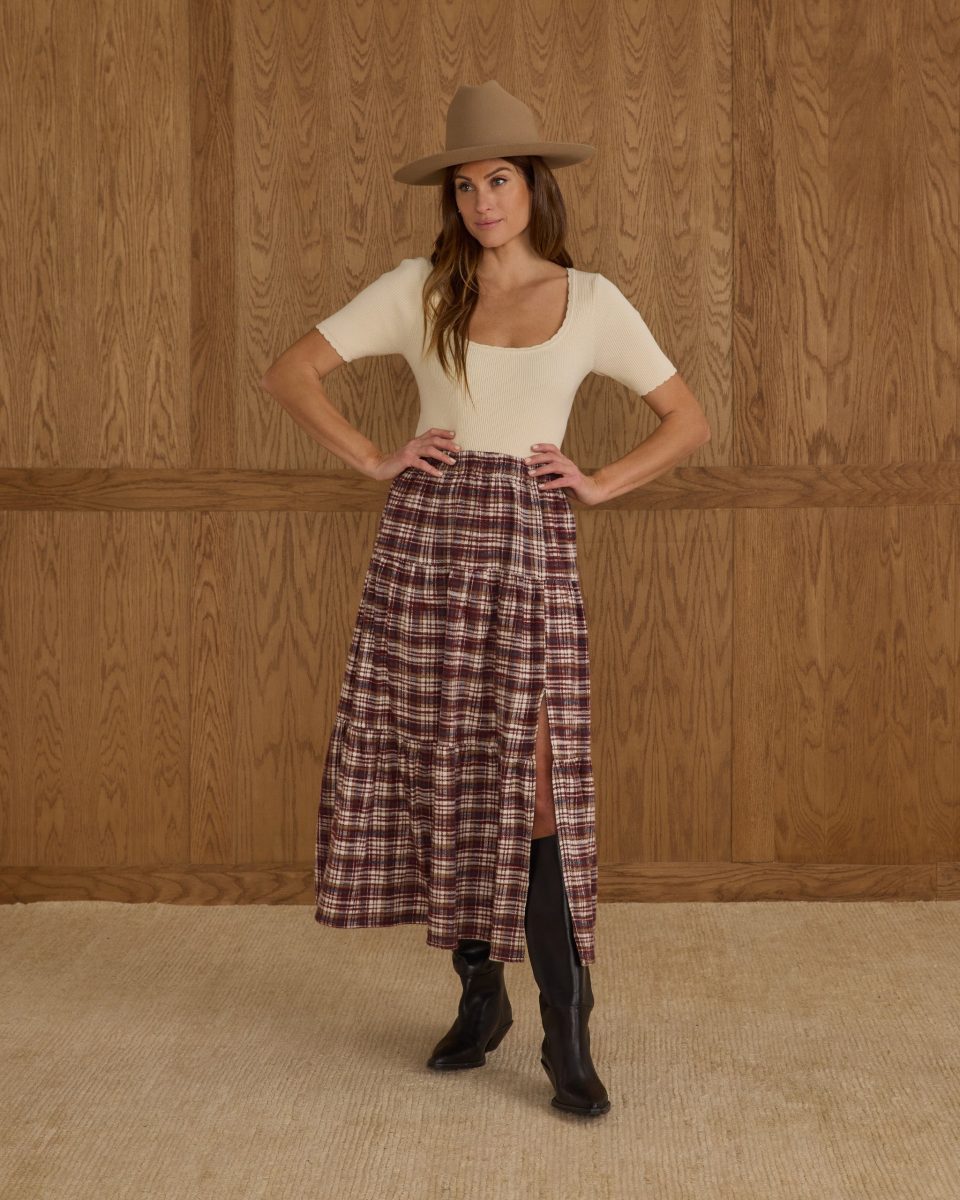 Tiered Midi Skirt | Burgundy Plaid