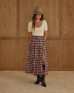 Tiered Midi Skirt | Burgundy Plaid