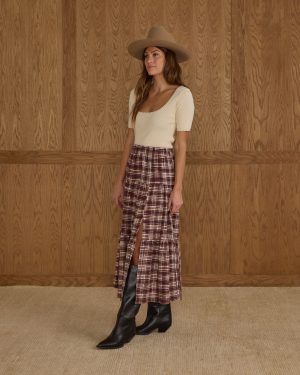 Tiered Midi Skirt | Burgundy Plaid