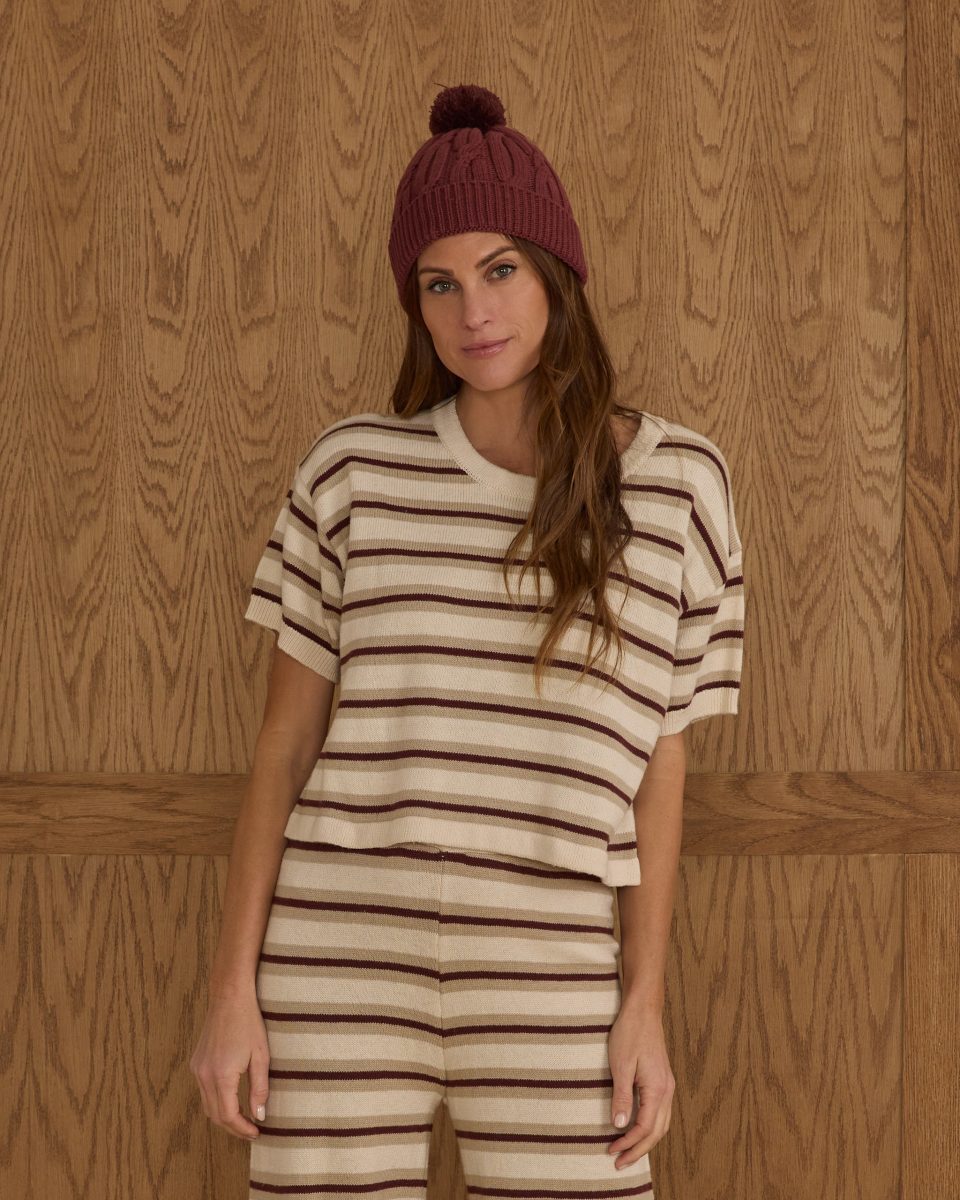 Boxy Crop Knit Tee | Burgundy Stripe